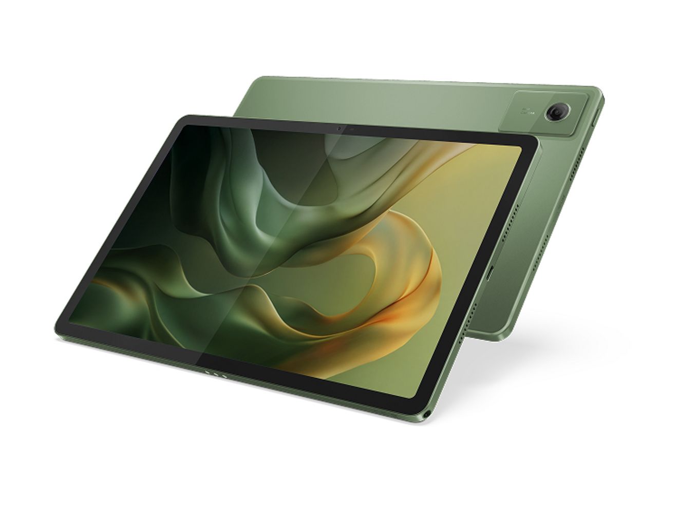 Motorola tablet in green with screen display shown from front and back at an angle on a light background.