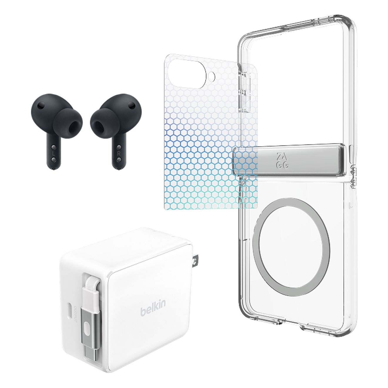 A pair of earbuds, a screen protector, a charger, and a phone case are set together.  