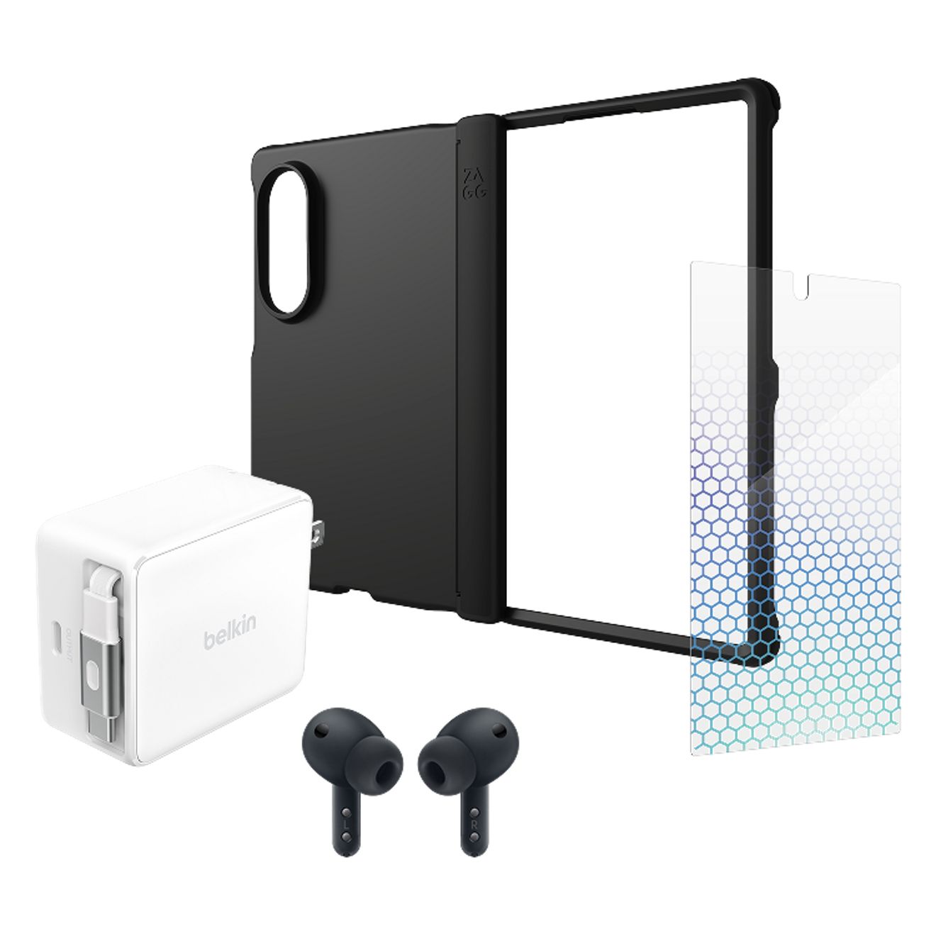 A pair of earbuds, a screen protector, a charger, and a phone case are set together.  