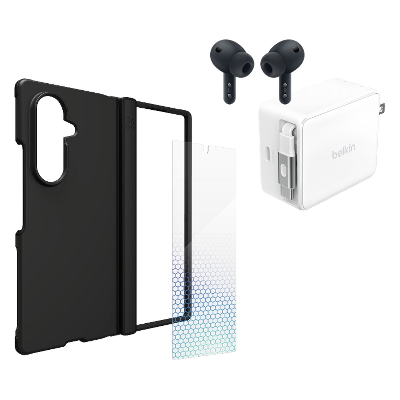A pair of earbuds, a screen protector, a charger, and a phone case are set together. 