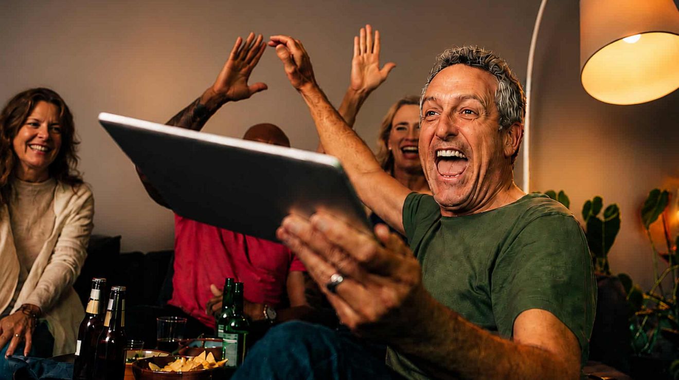 Excited man holding a tablet and celebrating with two people at home.