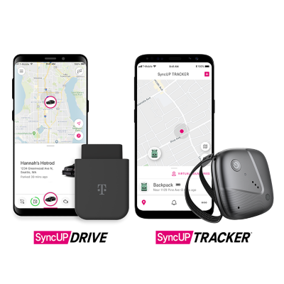 SyncUP Tracker and phone screen showing a map