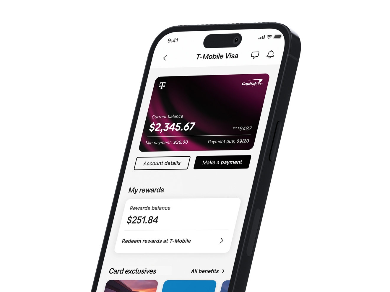 A cell phone interface displays T-Mobile Visa account information. 