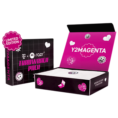 A magenta box with heart and happy face designs is floating against a black abstract background.