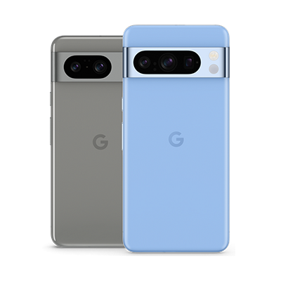 The back of a Google Pixel 8 and Pixel 8 Pro phone.
