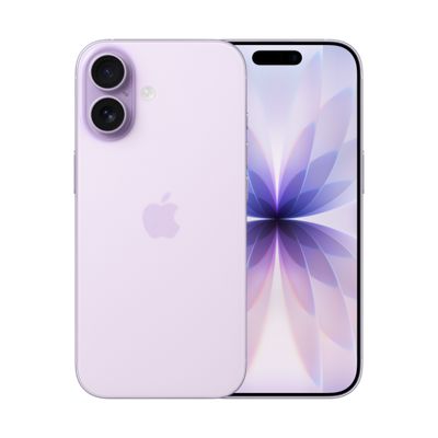 An iPhone 17 shown from the front and back in a lavender finish, with a bright, petal‑like abstract design glowing on the screen.