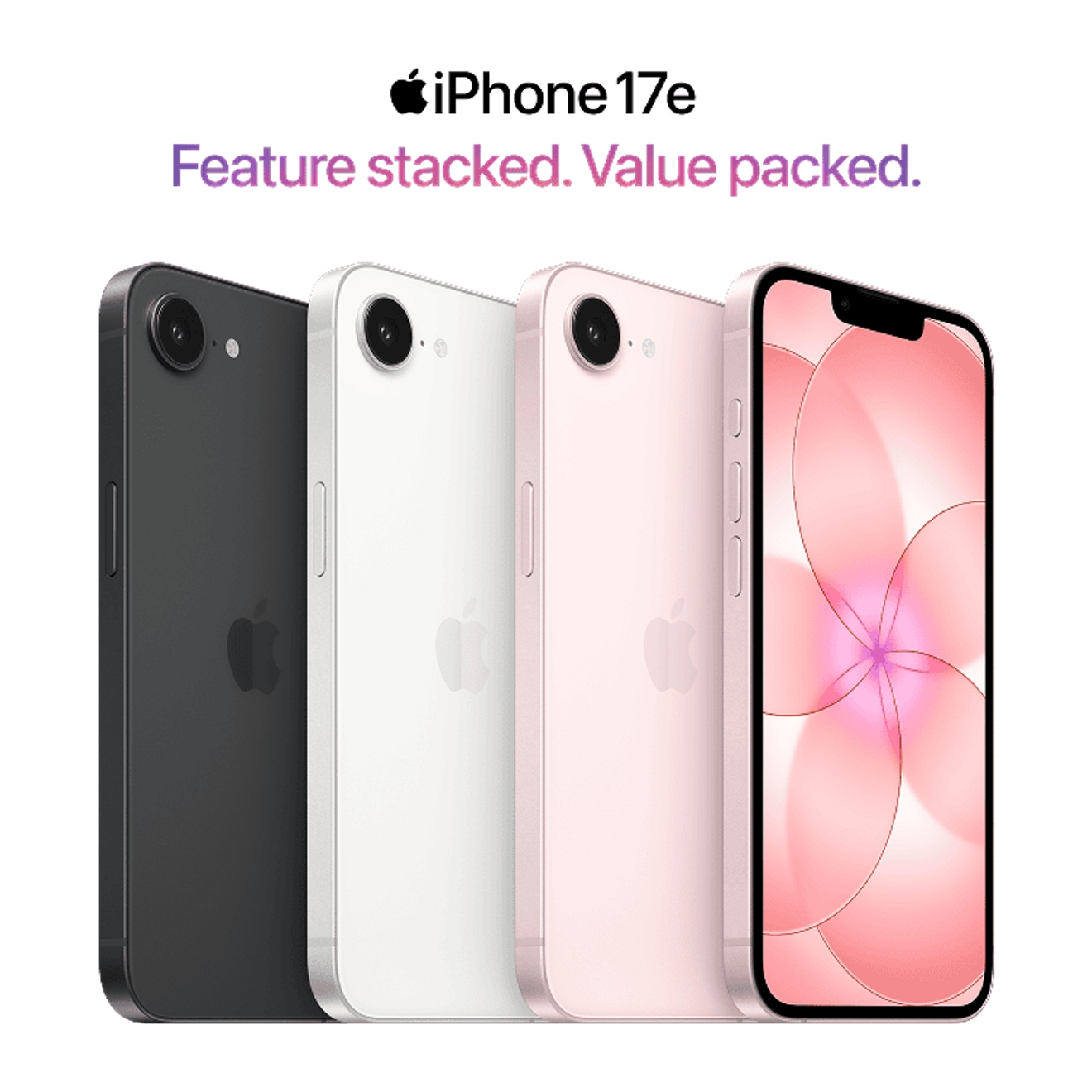 Four iPhone 17e phones lined up in different colors, showing off the slim design, clean edges, and bright, polished display.