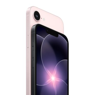 A soft pink iPhone 17e shown from the back with a black iPhone 17e shown from the front.