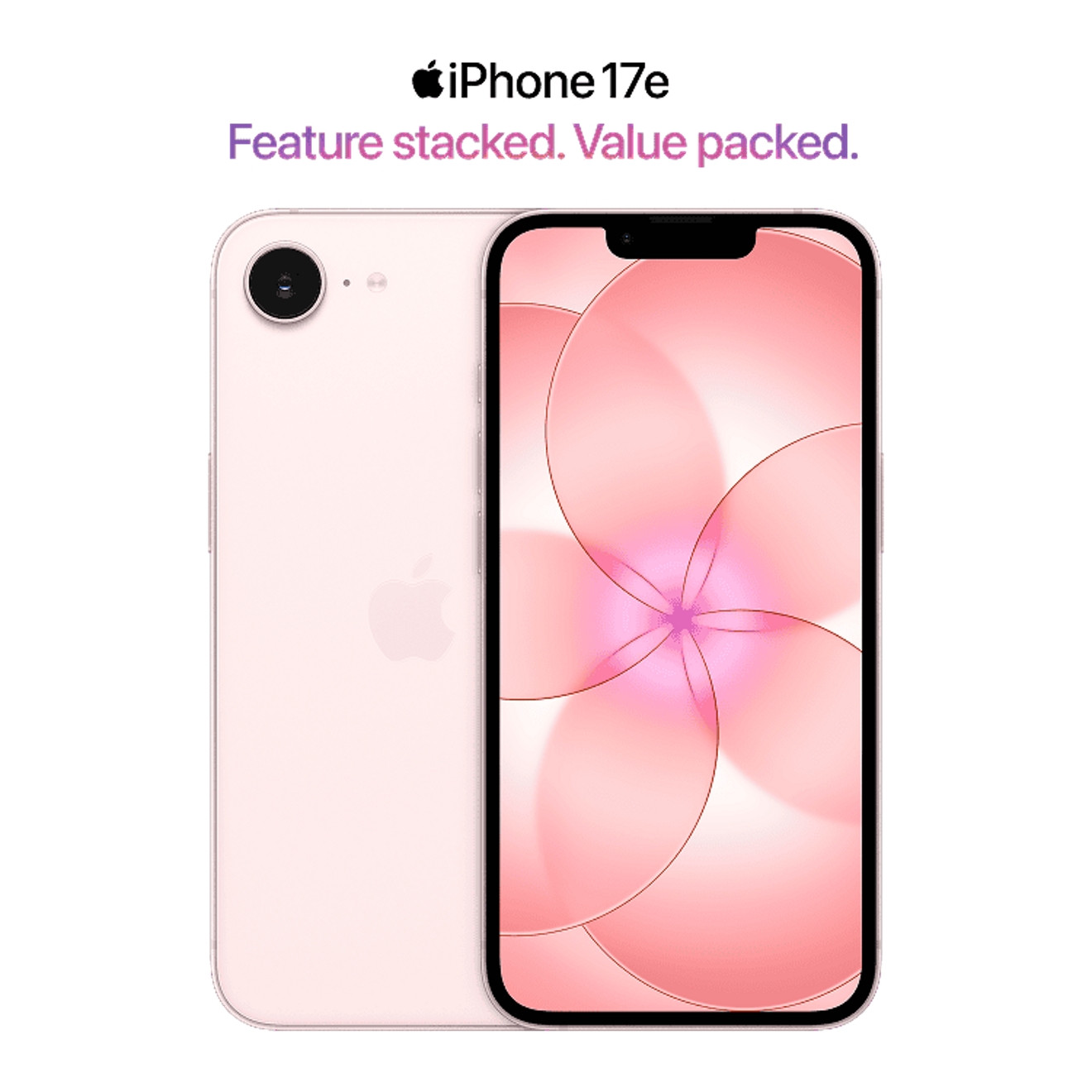 An iPhone 17e shown from the front and back in a soft pink finish, highlighting its clean design and bright, modern display.