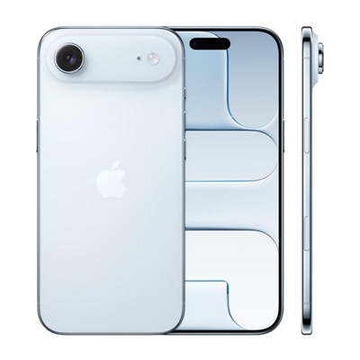 Apple iPhone Air in sky blue, shown front, back, and side with single rear camera and sleek display design.