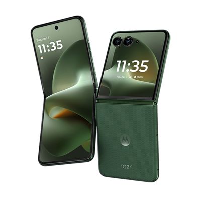 motorola razr shown open and in Flex View mode in PANTONE® Mountain View, highlighting the foldable display, textured finish, and external display.
