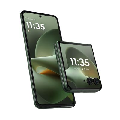 motorola razr shown open and closed in Flex View mode in PANTONE® Mountain View, highlighting the foldable design, textured finish, and external display.