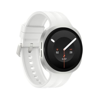 A white Samsung galaxy watch nine displaying the time.