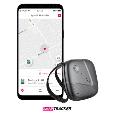 SyncUP Tracker and phone screen showing a map