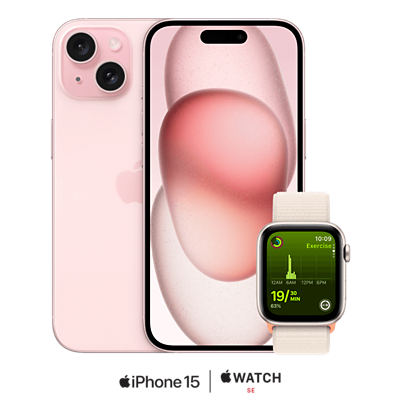 An Apple iPhone 15 and Watch SE.