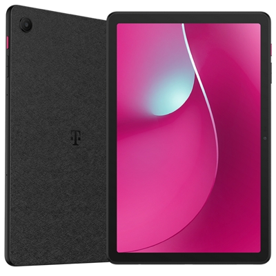 A front and back view of the REVVL Tab 2 on a magenta background.