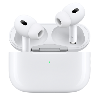 Apple AirPods Pro 2nd Gen on their case. One AirBud slightly floating. 