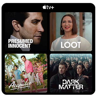 TV shows and movies on Apple TV Plus, featuring Dark Matter, Loot, Presumed Innocent, and Acapulco.