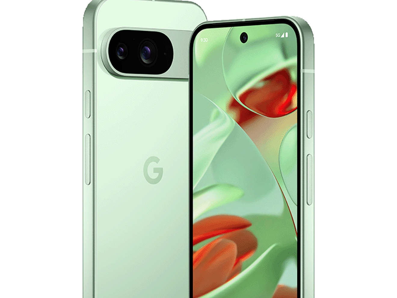 Pixel 9 in green, front and back views shown.
