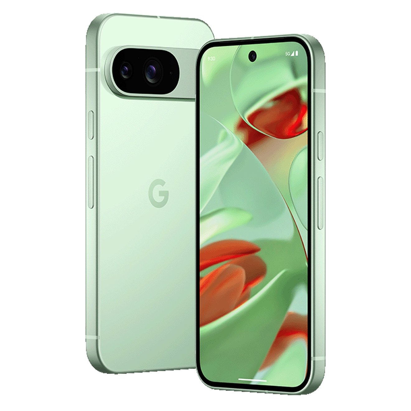 Pixel 9 in green, front and back views shown.
