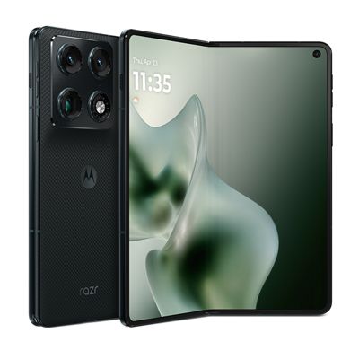 The front of the new razr fold phone folded open, with the back panel visible highlighting the rear cameras.