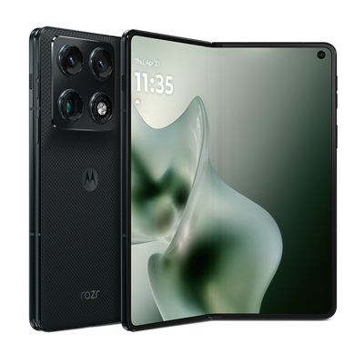 The front of the new razr fold phone folded open, with the back panel visible highlighting the rear cameras.
