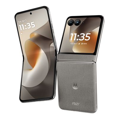 Motorola razr in gray, shown open and closed with a large inner display and a compact outer screen.