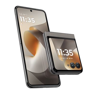 Motorola razr in gray, shown open and folded with a tall inner display and compact outer screen.