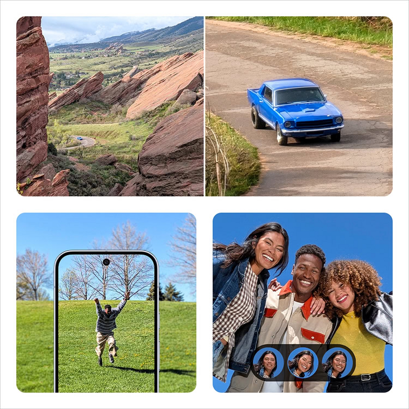Four image tiles showcasing photo editing capabilities that feature mountain terrain, a blue car, a person playing in a field, and a group shot of three people. 