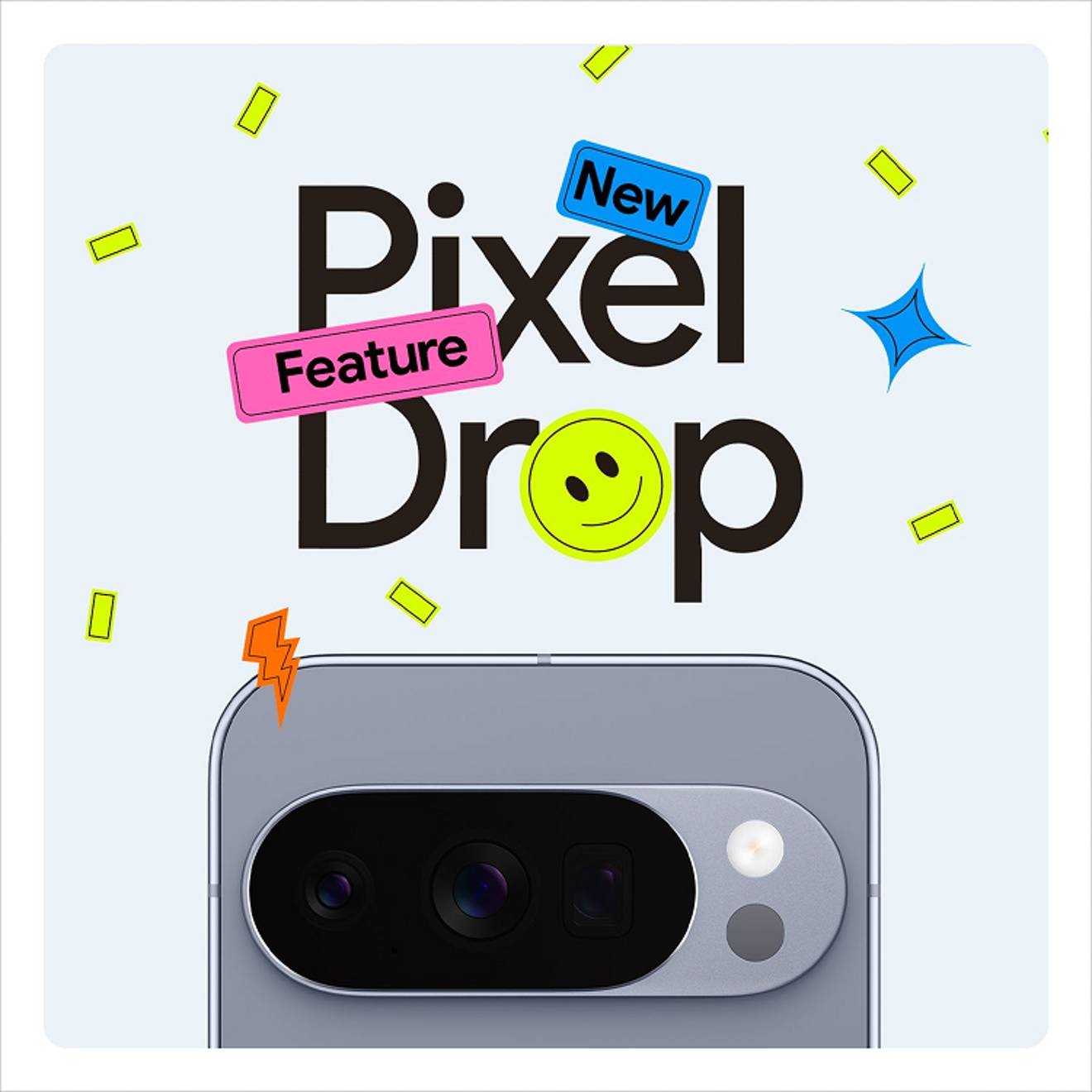 Small graphic shapes fall around a Moonstone Google Pixel 10 Pro phone with the words New Pixel Feature Drop.