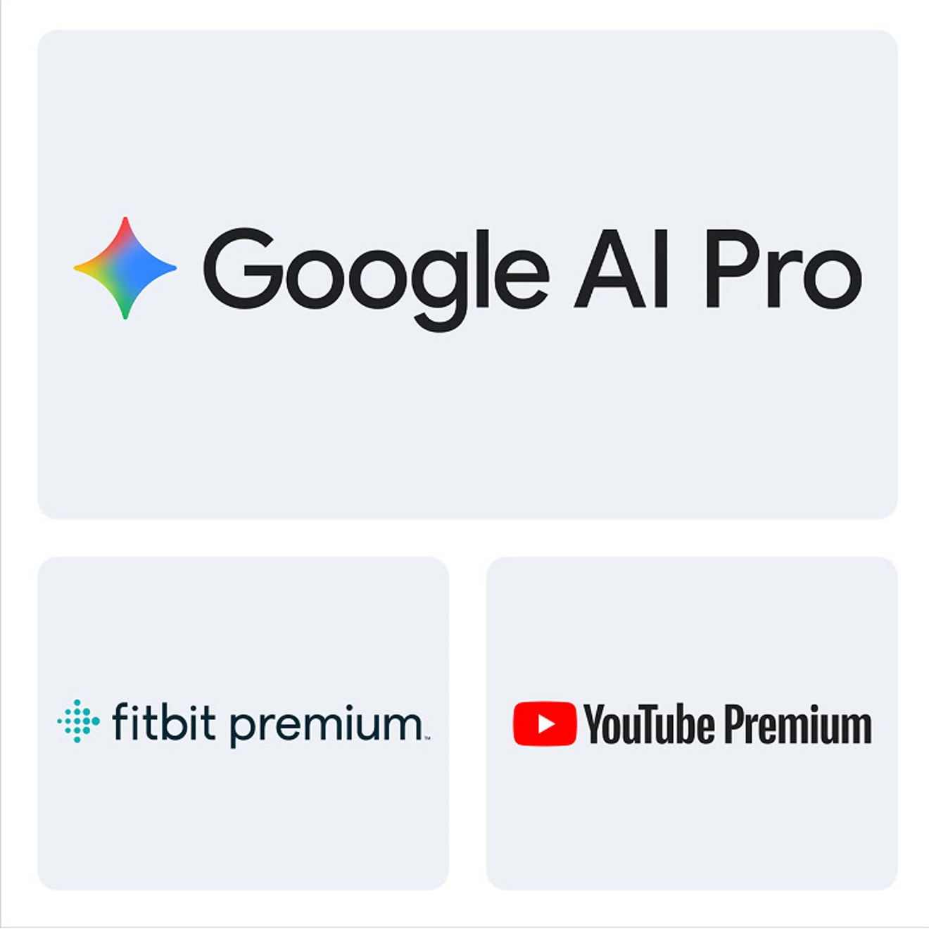 Three image tiles feature logos for Google AI Pro, Fitbit Premium, and YouTube Premium.