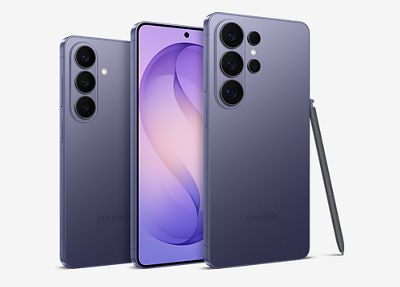 A Samsung Galaxy S26 Series smartphones in purple shown from front and back with multiple rear cameras and stylus.