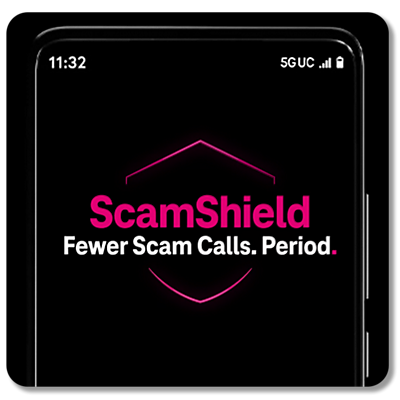 A black phone screen displaying the words Scam Shield. Fewer scam calls. Period.