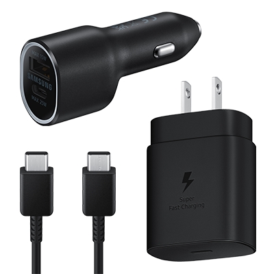 Black car charging adapter, wall adapter, and charging cord