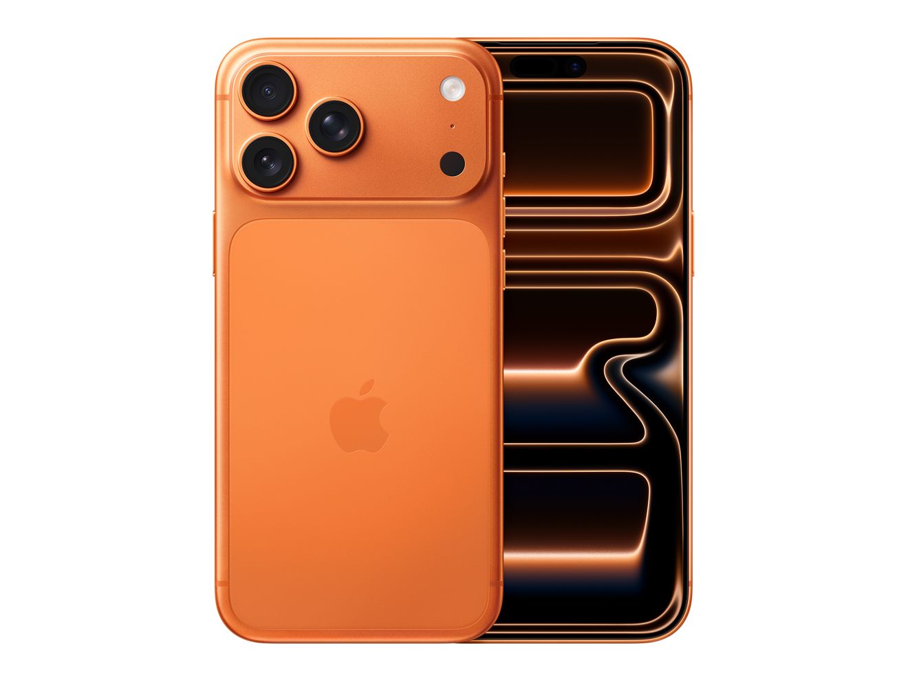 Front and back of orange iPhone 17 with screen on