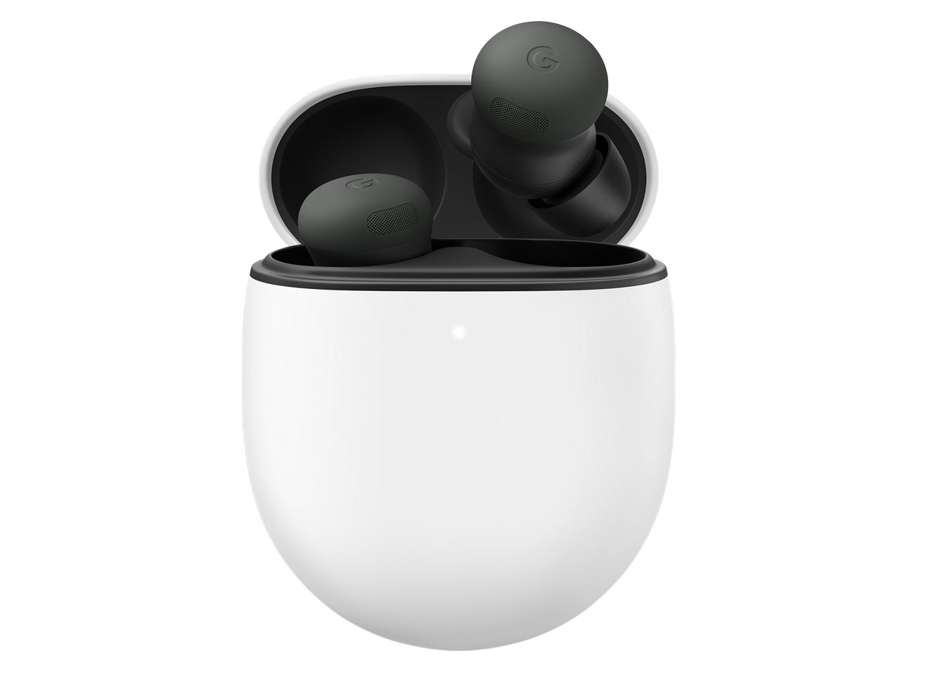 White earbuds case with black Pixel Buds Pro2 floating out