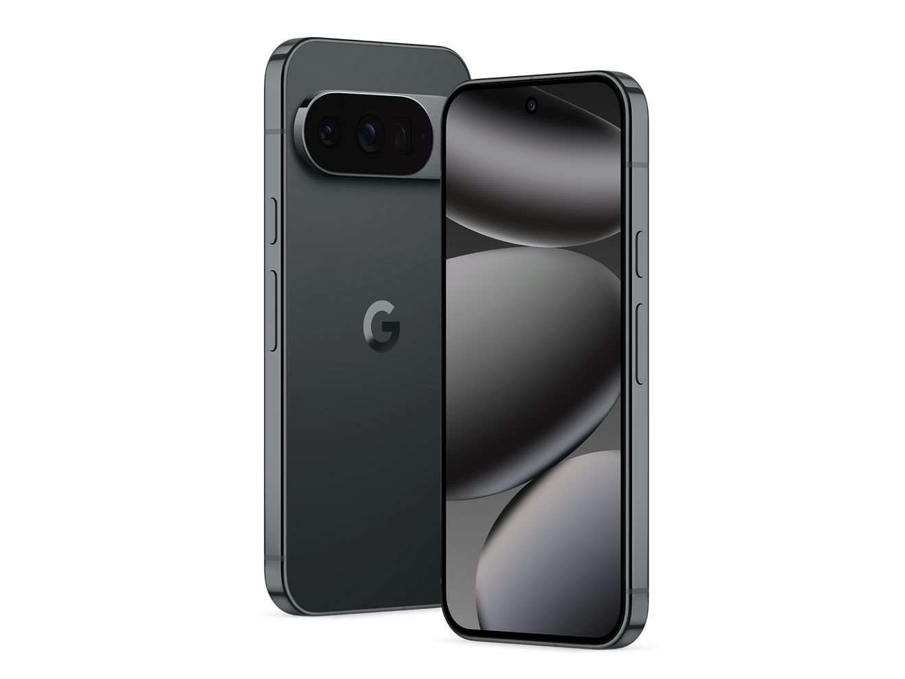 Front and back of Google Pixel 10 Pro with screen on