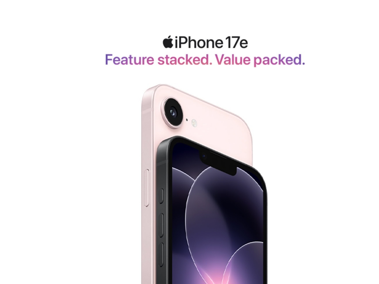 A gold rose iPhone 17e shown from the back, next to an iPhone 17e in black, shown from the front, highlighting its slim profile, side buttons, and softly glowing display.