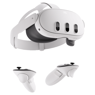 White Meta Quest 3 headset and controllers floating
