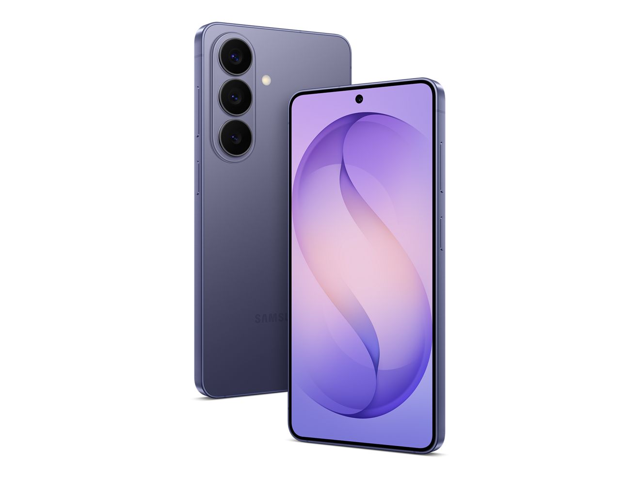 Front and back of gret Samsung Galaxy S26 with screen on