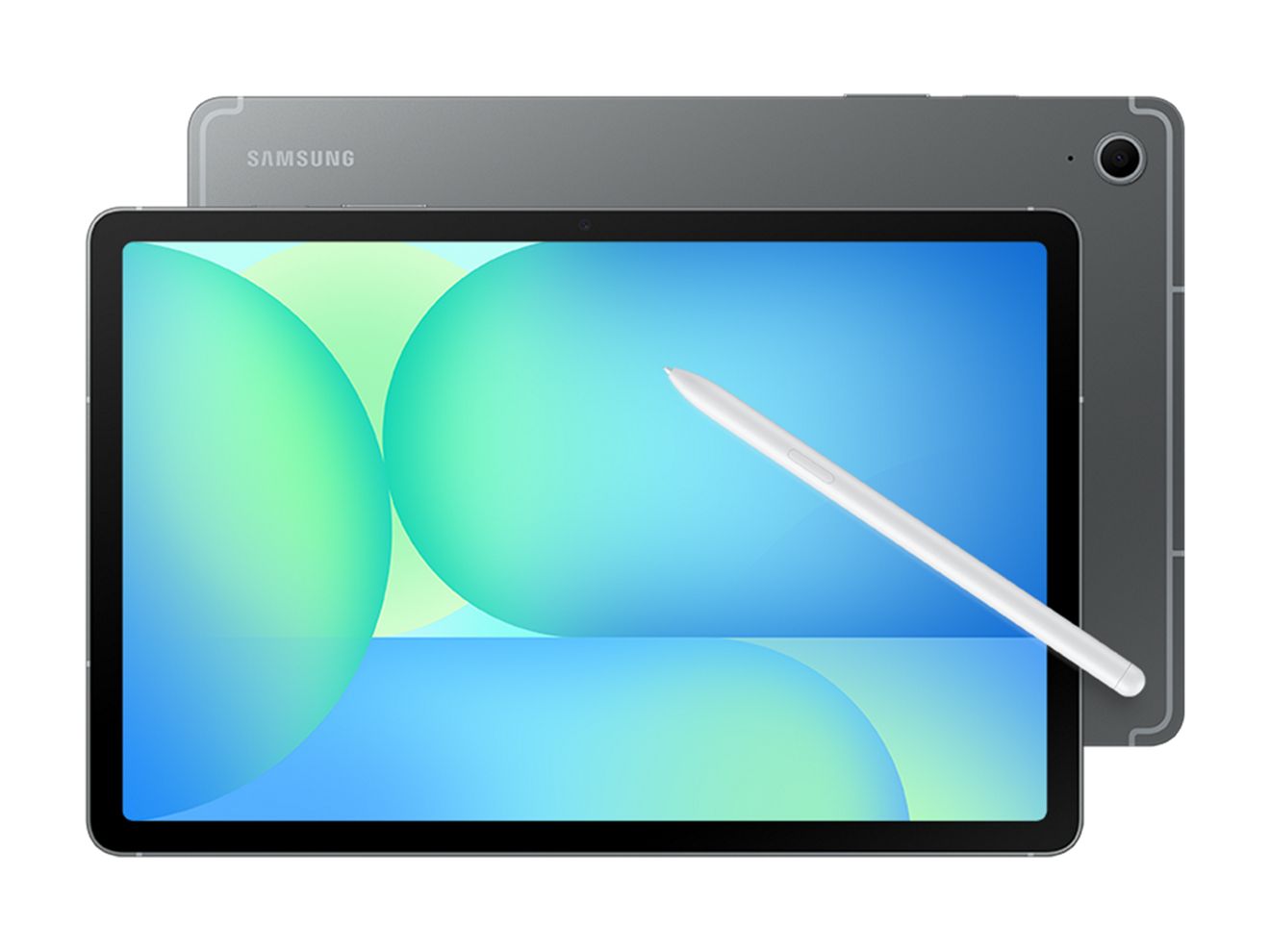 Front and back of greySamsung Galaxy TAB S10 FE with white stylus
