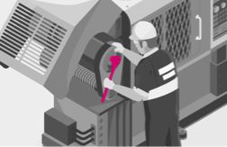 Black and white animated illustration of an engineer working on a large machine using a magenta wrench