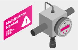 Black and white animated illustration of an industrial device next to a magenta box warning maintenance needed