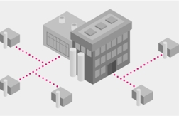 Black and white animated illustration of a map with a building and houses connected by magenta dotted lines.