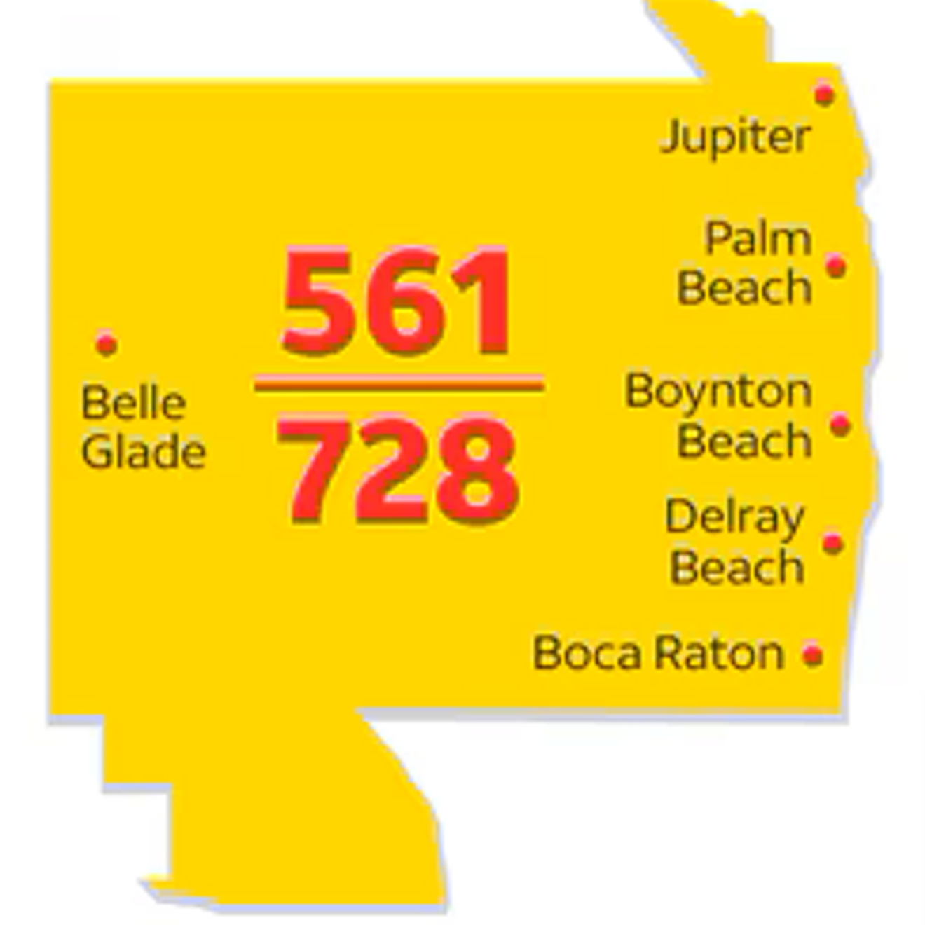 Map of Florida 561 and 728 area code region, including cities of Belle Glade, Jupiter, Palm Beach, Boynton Beach, Delray Beach, and Boca Raton