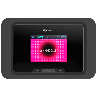 Black JEXtream® RG2100 5G Mobile Hotspot and screen shown.