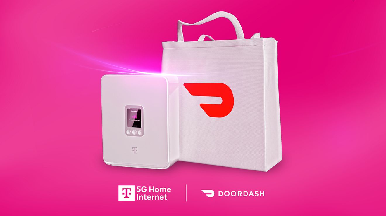 An image of a white T-Mobile 5G Gateway next to a DoorDash delivery bag.