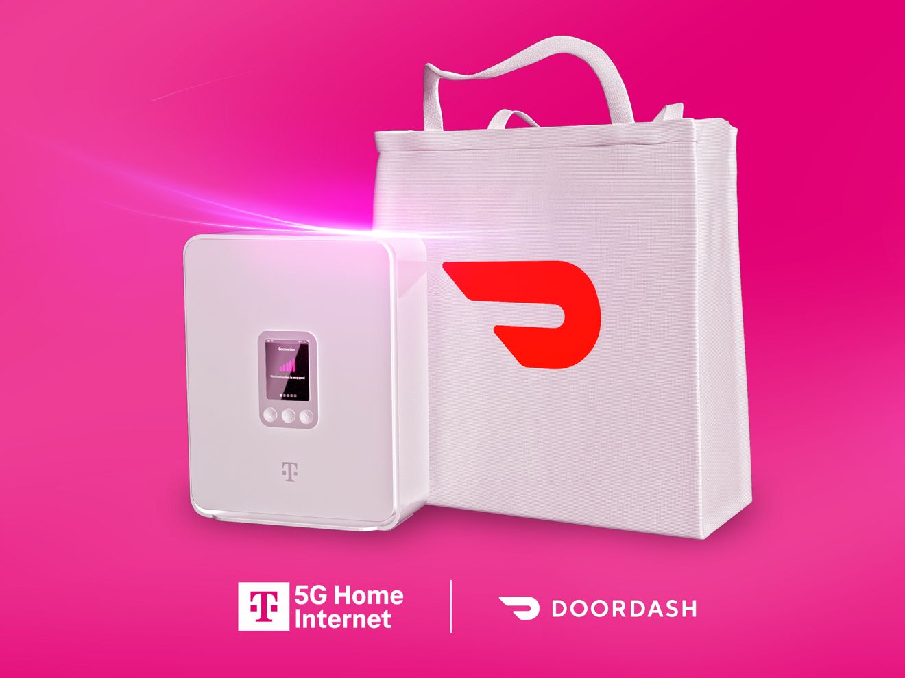 An image of a white T-Mobile 5G Gateway next to a DoorDash delivery bag.