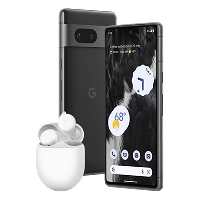 Two Google Pixel 7 series devices, one from the back and one frontal, with Google Buds A-Series on the side. 