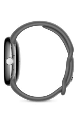 Left View Google Pixel Watch Silver Stainless Steel Charcoal Active Band